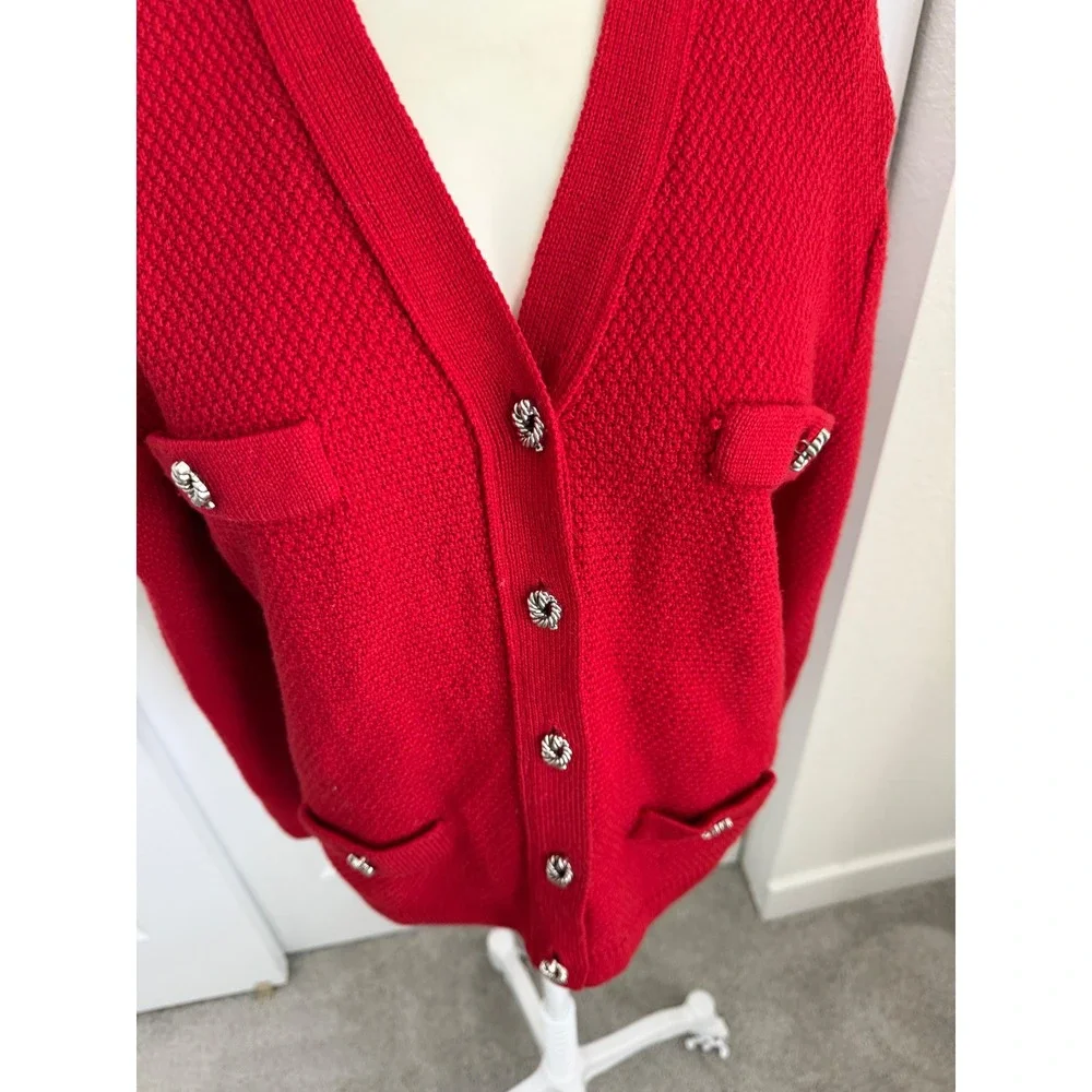 Karen Scott Vintage Red Knit Large Cardigan Sweater Silver Buttons Wool Blend